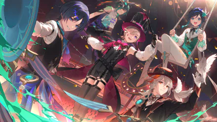 HD PC desktop wallpaper featuring Genshin Impact characters Xiao, Venti, Scaramouche, Lyney, and Kaedehara Kazuha in dynamic, vibrant poses from the video game.