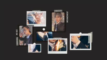 HD PC desktop wallpaper background: dark collage of taped Polaroid-style close-ups with a moody music vibe and ENHYPEN-themed imagery.