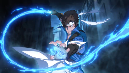 Anime-style 4K Ultra HD wallpaper of Richter Belmont from Castlevania: Nocturne, depicted with glowing blue energy and dynamic action in a dark, mystical setting.