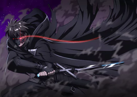 A dynamic HD wallpaper featuring Fate Graphite from Berserk of Gluttony, showcasing a dark, striking pose with a flowing cloak and glowing sword amid a dramatic background.