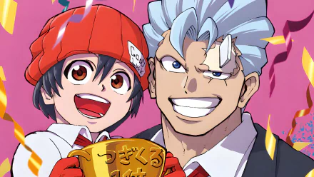 HD desktop wallpaper featuring Andy and Fuuko Izumo from the anime series Undead Unluck, smiling with a vibrant pink background.