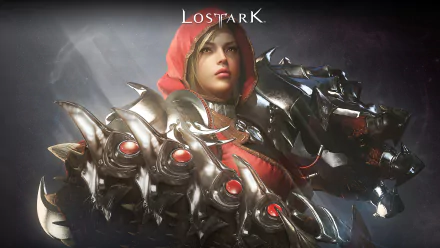 HD desktop wallpaper from the video game Lost Ark featuring a female character in a red hood and detailed armored suit with glowing red eyes.