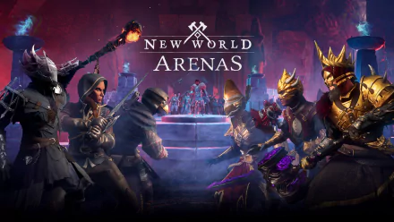 HD desktop wallpaper featuring characters from the video game New World in an arena setting, highlighted by intense, dramatic combat poses.