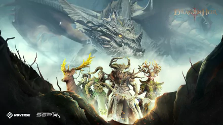 HD desktop wallpaper featuring Dragonheir: Silent Gods with majestic dragon and fantasy characters.