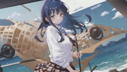 Anime-style 4K Ultra HD desktop wallpaper featuring Anna Yamada from The Dangers in My Heart, standing by a beach with a plane wreck in the background.