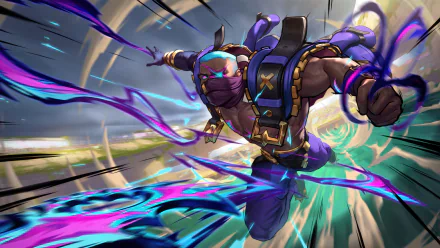 HD desktop wallpaper featuring Pyke from League of Legends in an action-packed scene for Legends of Runeterra, with vibrant, swirling energy effects.