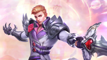 HD desktop wallpaper featuring Alucard from Mobile Legends: Bang Bang, posed in battle armor with an intense gaze.