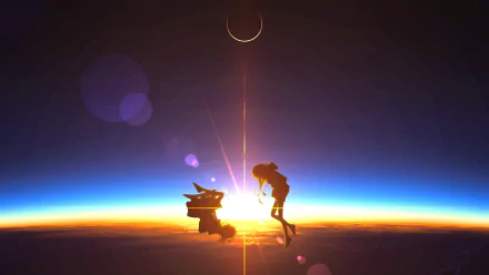 A 4K Ultra HD anime girl and a small creature share a moment against a glowing horizon, creating a captivating PC desktop wallpaper and background.