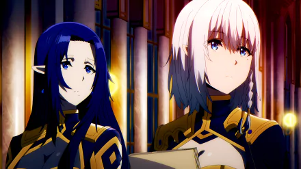 HD PC desktop wallpaper featuring two characters from the anime The Eminence in Shadow, showcasing detailed outfits and a dramatic interior background.