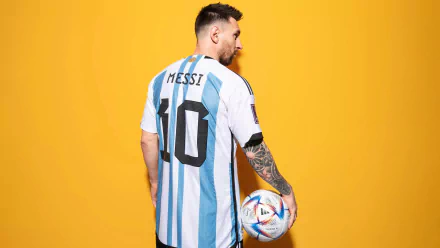HD wallpaper featuring a person in the Argentina National Football Team jersey tagged with Messi 10 against a yellow background.