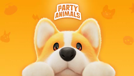 HD desktop wallpaper featuring a cute corgi from the video game Party Animals, with a vibrant orange background and game logo.