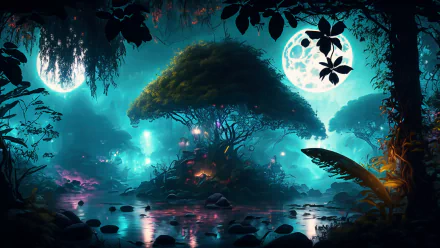 Mystic jungle forest at night bathed in glowing blue light, with oversized trees, luminescent plants, and two full moons reflecting on a calm water surface in this HD desktop wallpaper.