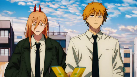 An 8K Ultra HD anime wallpaper featuring Power and Denji from Chainsaw Man standing side by side against a blue sky backdrop.