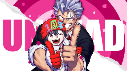 HD desktop wallpaper featuring Andy and Fuuko Izumo from Undead Unluck with a vibrant pink backdrop.