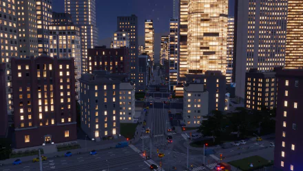 HD wallpaper of Cities: Skylines II showcasing a vibrant virtual cityscape with illuminated skyscrapers at night.