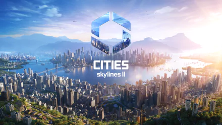 HD wallpaper for Cities: Skylines II featuring a futuristic cityscape with the game's logo floating above.