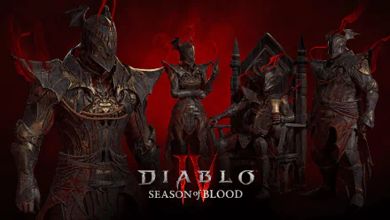 HD desktop wallpaper for Diablo IV featuring three armored characters with red smoky effects, promoting the Season of Blood.