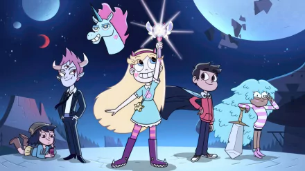 HD wallpaper featuring Star Butterfly and Marco Diaz from Star vs. the Forces of Evil, with Star holding her magic wand among other characters against a night sky background.