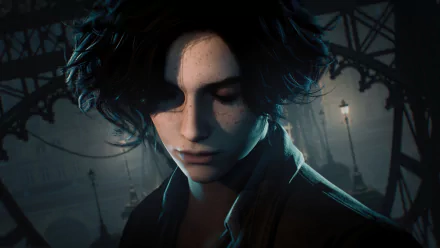 Lies of P game character with moody lighting on a bridge setting as HD desktop wallpaper.