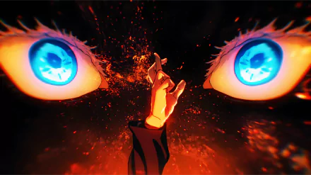 HD desktop wallpaper and background featuring Satoru Gojo from the anime Jujutsu Kaisen, with his intense blue eyes and hand gesture surrounded by fiery effects.