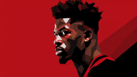 Geometric vector illustration of basketball player in profile against a red background for HD desktop wallpaper.