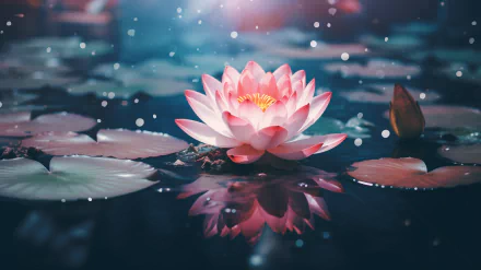 A serene HD desktop wallpaper featuring a vibrant pink lotus flower floating on water, surrounded by lily pads and soft reflections, creating a tranquil nature scene.