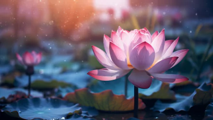 A serene HD desktop wallpaper featuring a vibrant pink lotus flower amidst lush green leaves, set against a softly blurred natural background.