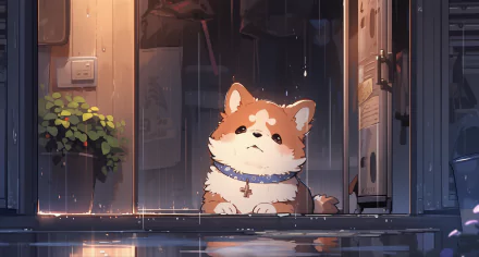 HD desktop wallpaper of a cute dog sitting by a door, gazing out as rain pours down, set against a warm, inviting indoor backdrop.