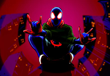 Vibrant 4K Ultra HD desktop wallpaper featuring Miles Morales from SpiderVerse in his Spider-Man suit, striking a dynamic pose against a neon-lit city backdrop.