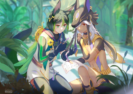 Tighnari and Cyno from the video game Genshin Impact read a book together in a sunlit forest — 4K Ultra HD PC desktop wallpaper/background.