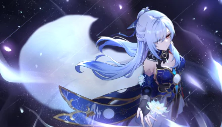 Jingliu from Honkai: Star Rail in a dynamic pose with flowing blue hair and detailed armor, set against a cosmic background, 4K Ultra HD video game wallpaper.