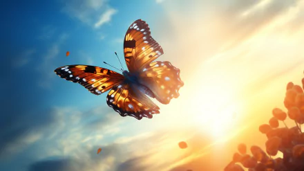 A vibrant butterfly soars against a backdrop of a stunning sunset, creating a captivating HD desktop wallpaper that celebrates the beauty of nature.