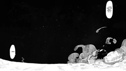 Black and white manga-style HD desktop wallpaper from Girls' Last Tour, depicting two girls resting on a barren landscape under a starry sky.