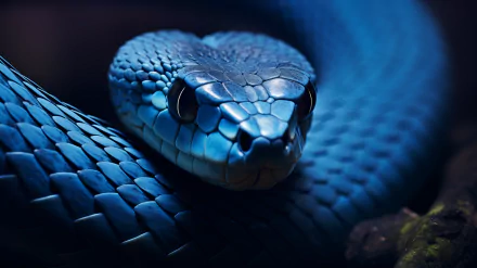 A close-up of a striking blue snake, highlighting its sleek scales and intense gaze. This HD wallpaper showcases the beauty of this captivating animal.