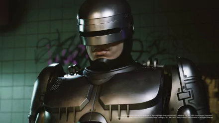 HD wallpaper featuring a close-up of RoboCop character from RoboCop: Rogue City against a graffiti-wall background.