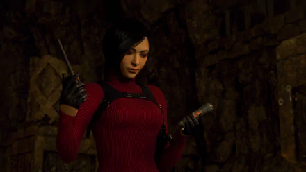 Ada Wong in a red sweater grips a knife and radio in a dim stone corridor — Resident Evil 4: Separate Ways remake, 4K Ultra HD PC desktop wallpaper.