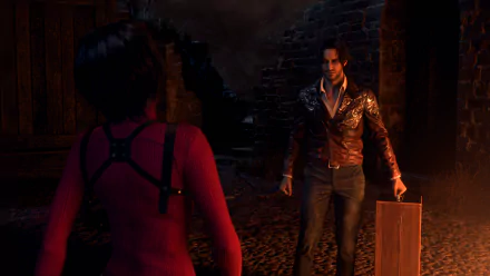 4K Ultra HD PC desktop wallpaper from Resident Evil 4 (2023) Separate Ways remake: Ada Wong in red confronts a man holding a suitcase in torchlit ruins.