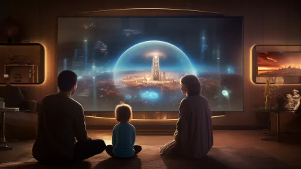 A family sits on the floor, captivated by a futuristic scene displayed on a large television. The HD wallpaper immerses viewers in a vibrant, man-made world.