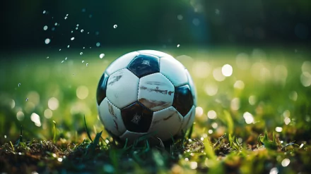 HD Soccer Ball Wallpaper - A close-up of a soccer ball on a dewy grass field with sparkling water droplets, perfect for desktop background.