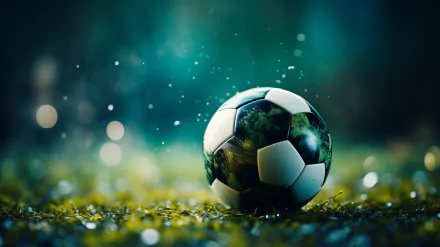 Soccer ball on grass with a sparkling bokeh background, perfect for HD desktop wallpaper related to sports themes.