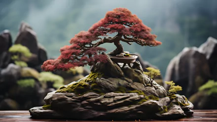 Stunning HD desktop wallpaper featuring a red-leaved bonsai tree on a mossy rock formation with a serene, misty mountain backdrop.