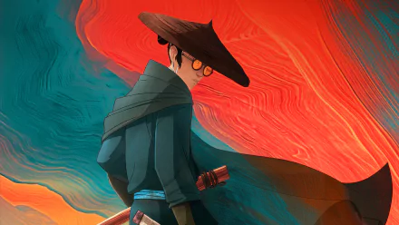 HD wallpaper featuring an illustrated blue-eyed samurai in traditional attire against a vibrant red and orange backdrop.