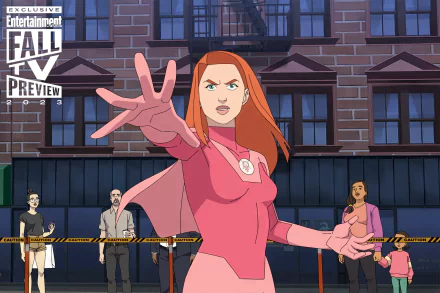 HD desktop wallpaper from the TV show Invincible featuring Atom Eve (Samantha Eve Wilkins) in action, set against a city backdrop with bystanders and police tape.