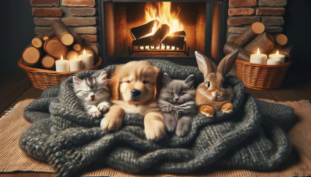 HD desktop wallpaper featuring a cozy scene with a golden retriever puppy, two kittens, and a bunny snuggled on a blanket by a warm fireplace, illuminated by candlelight.