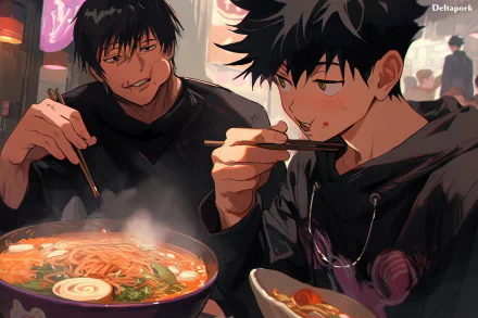 Toji Fushiguro and Megumi Fushiguro enjoy a meal together in this vibrant Jujutsu Kaisen HD wallpaper, capturing their bond in a lively anime setting.