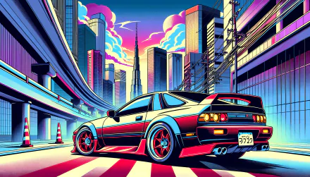 A vibrant JDM vehicle is parked on a city street, with striking skyscrapers and a colorful sunset backdrop, creating a dynamic HD wallpaper for automotive enthusiasts.
