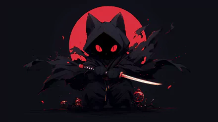 HD wallpaper of a black cat with a katana, invoking a ninja vibe against a red moon backdrop.