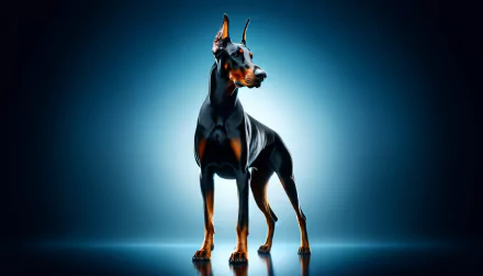 Majestic Doberman dog standing against a blue gradient background for HD desktop wallpaper.