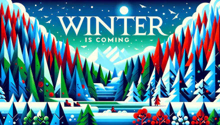 HD desktop wallpaper showcasing a vibrant, stylized winter scene with WINTER IS COMING text, featuring snowy mountains and a clear night sky.