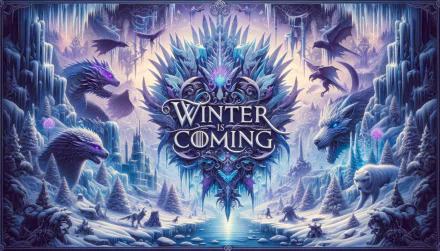 Fantasy winter-themed HD desktop wallpaper with icy dragons, mystical creatures, and Winter is Coming slogan.